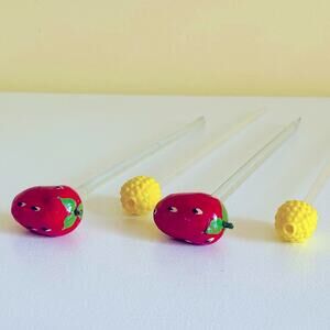 Vtg Glass Swizzle Sticks Paper Mache Strawberry Pineapple Stirrers Blown Glass